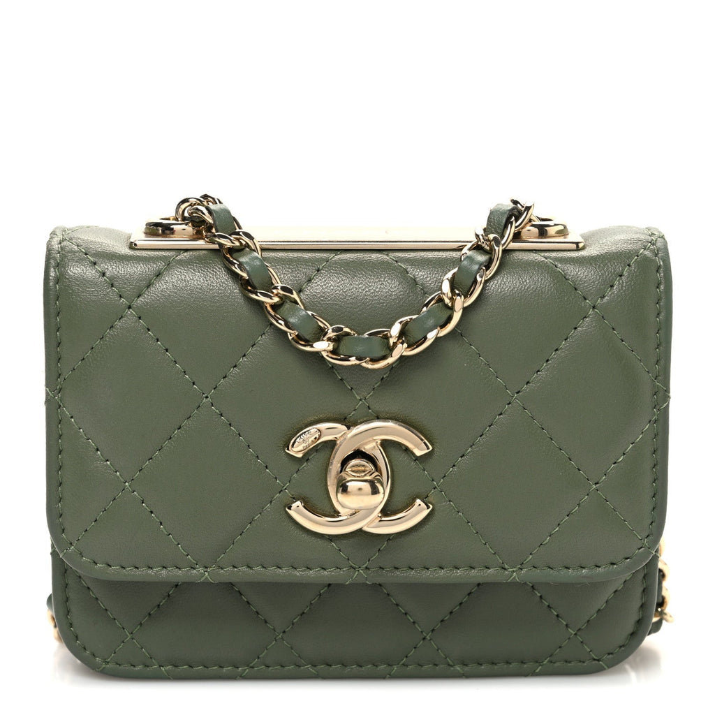 Lambskin Quilted Trendy CC Card Holder On Chain Green