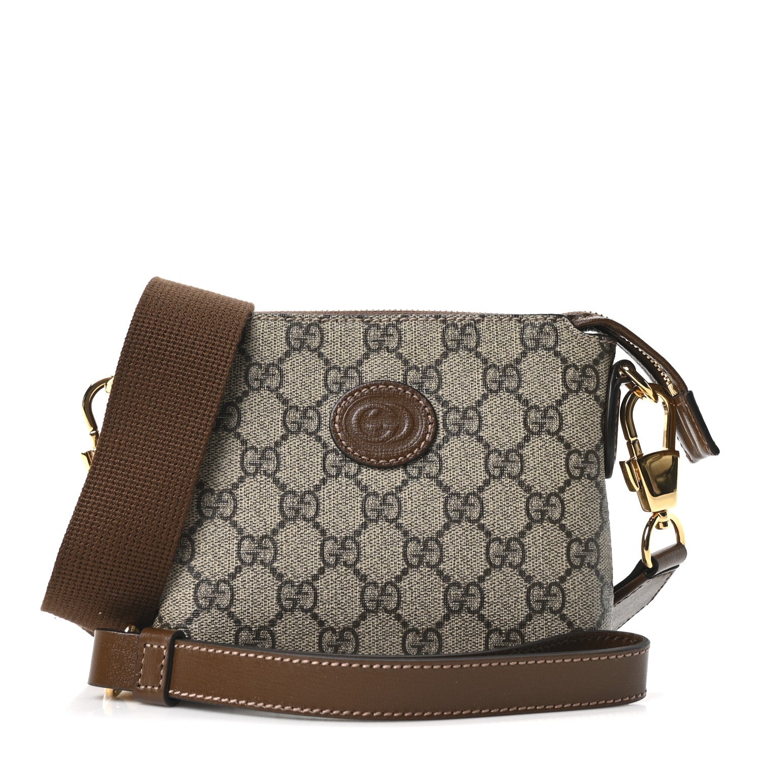 GG Supreme Monogram Azalea Calfskin Small Retro Interlocking G Wristlet Messenger Bag Beige Ebony Brown Sugar