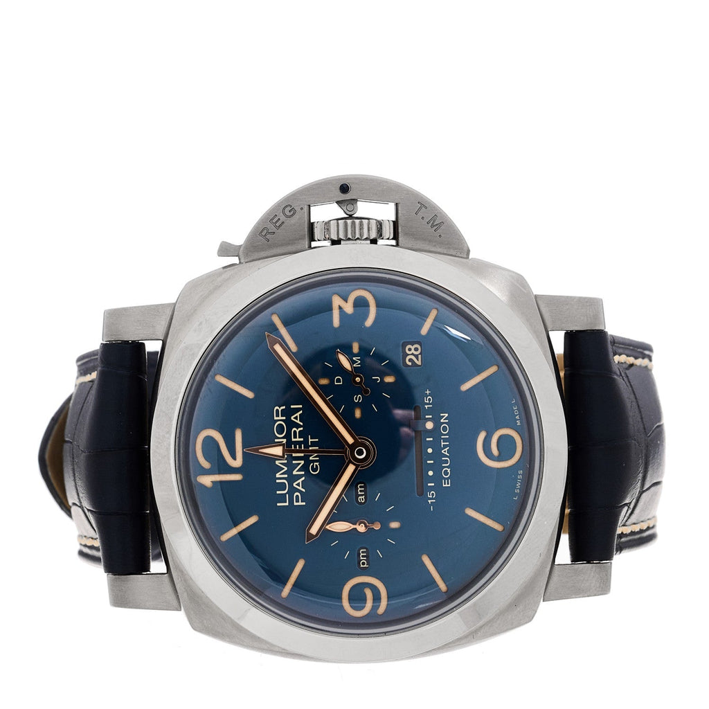 Titanium Alligator 47mm Luminor Equation of Time GMT Manual Winding Watch Blue PAM00670