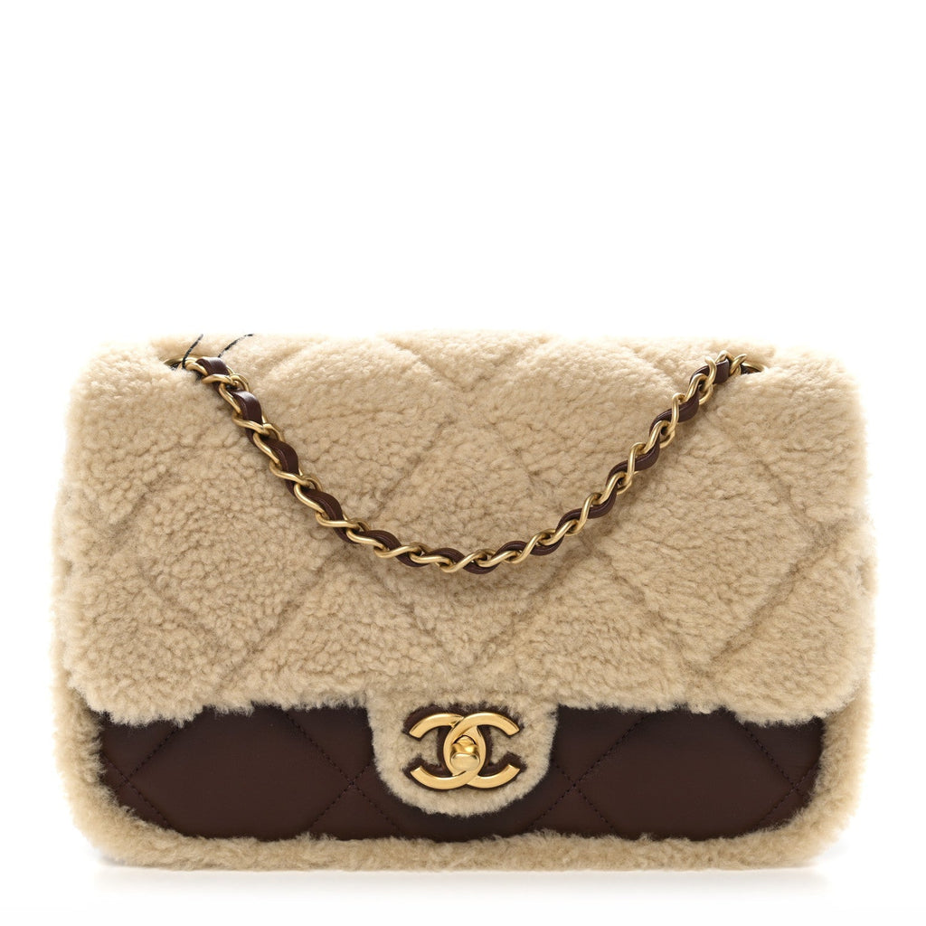 Shearling Lambskin Quilted Furry Coco Flap Dark Brown Beige