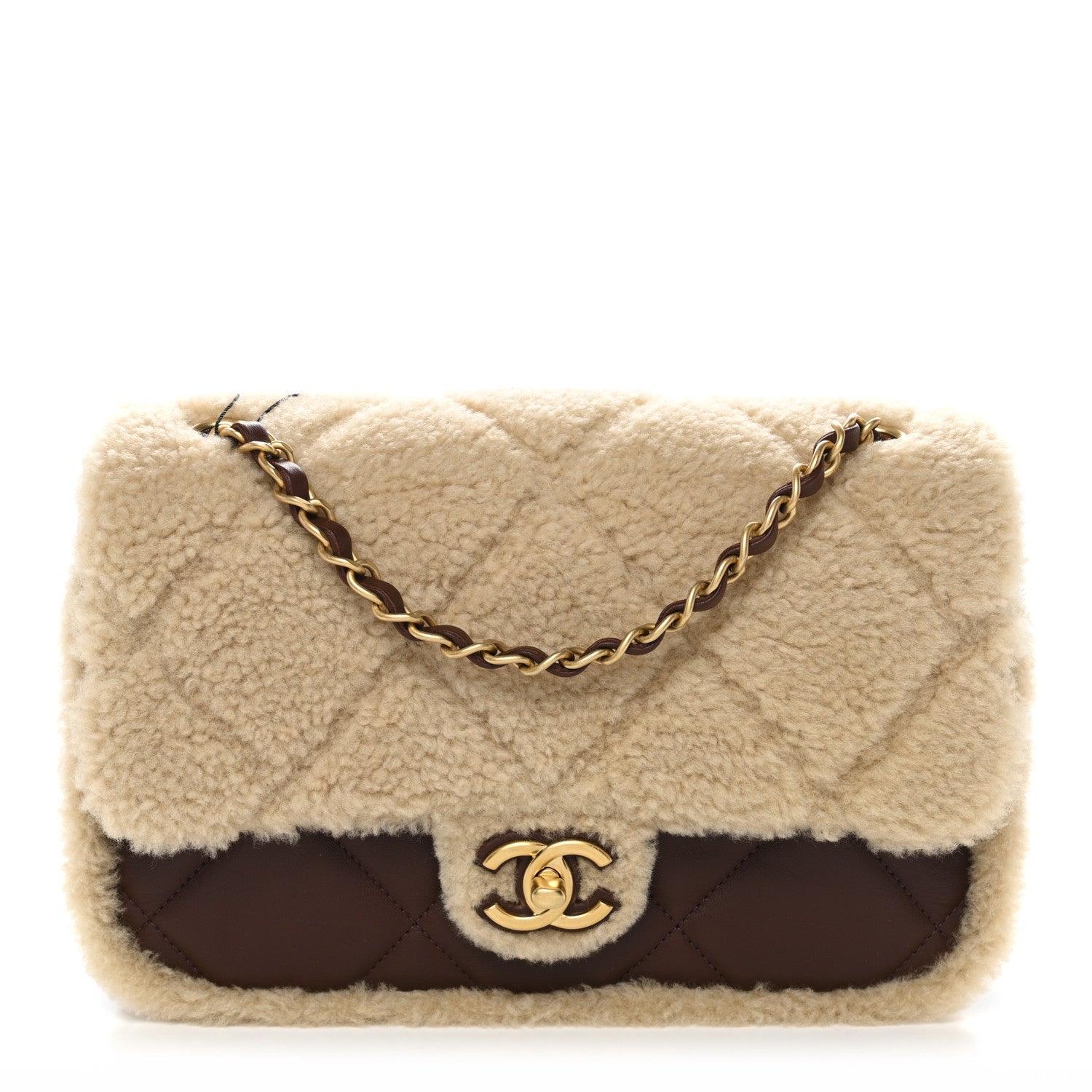 Shearling Lambskin Quilted Furry Coco Flap Dark Brown Beige
