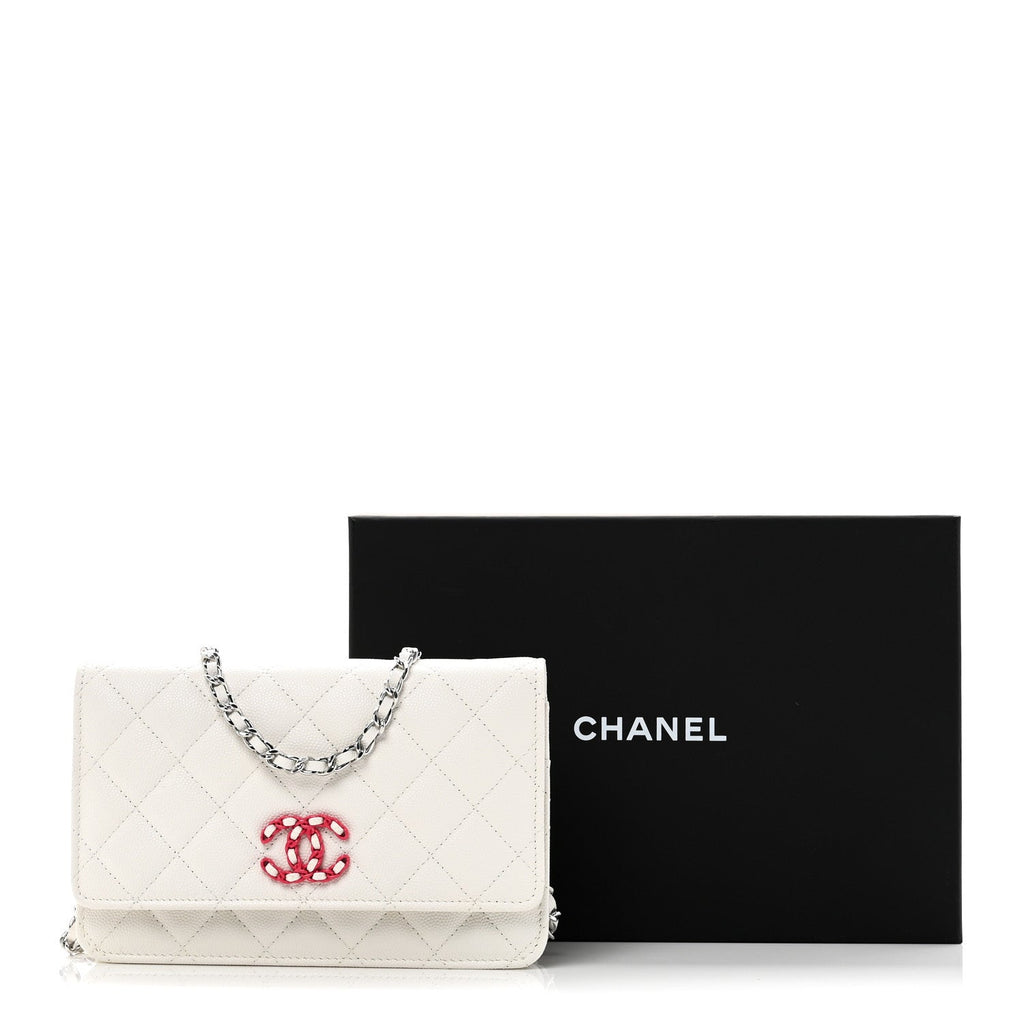 Caviar Quilted Chanel 19 Wallet On Chain WOC White Pink