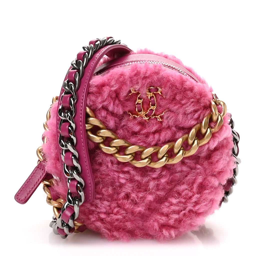 Shearling Sheepskin Chanel 19 Round Clutch With Chain Dark Pink