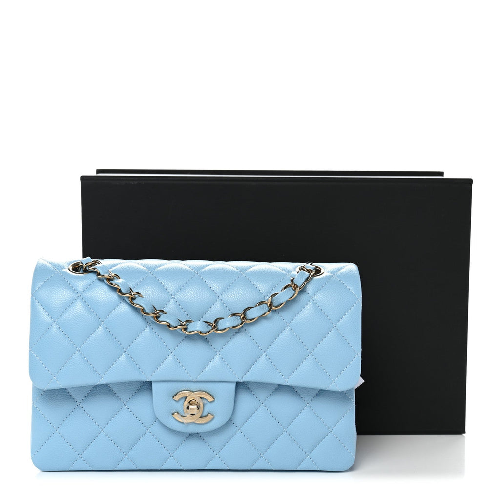 Caviar Quilted Small Double Flap Light Blue