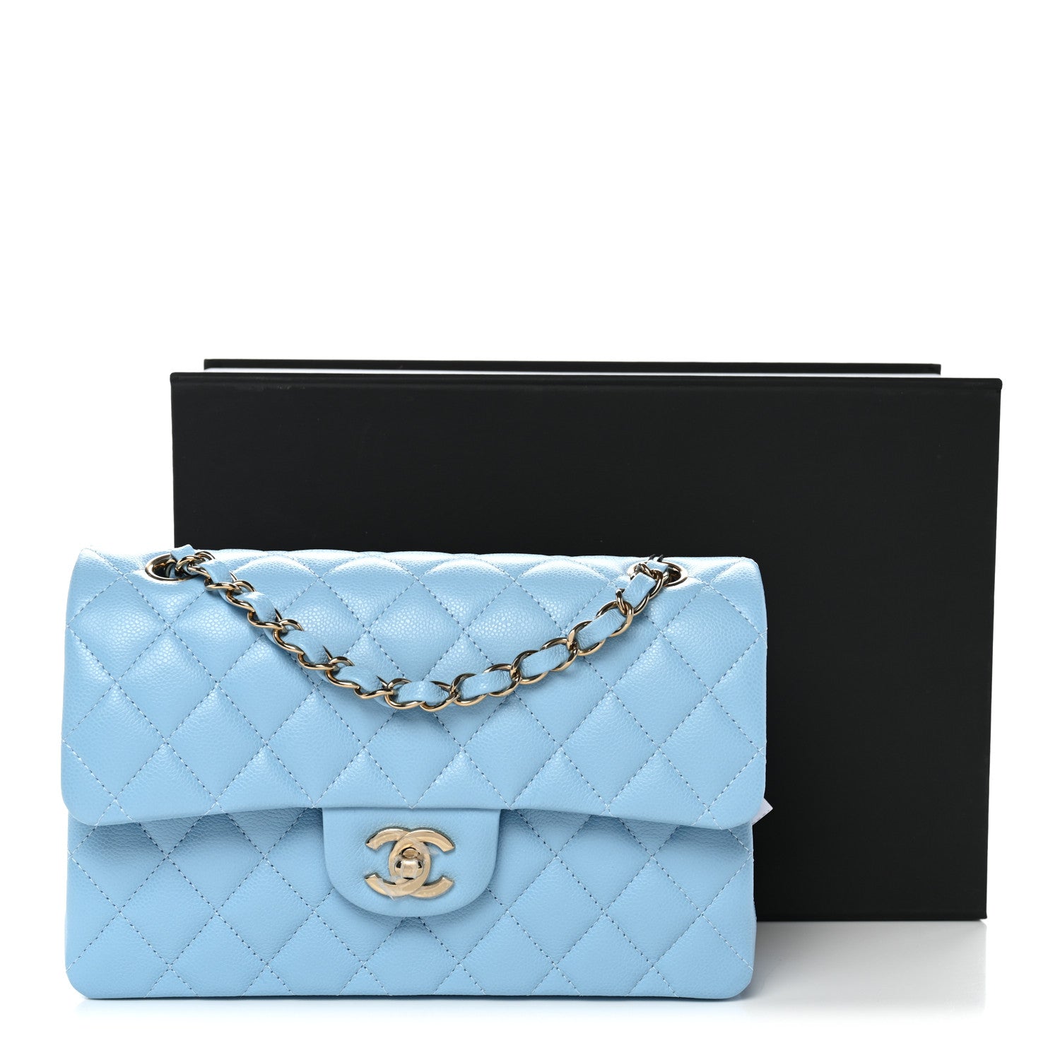 Caviar Quilted Small Double Flap Light Blue
