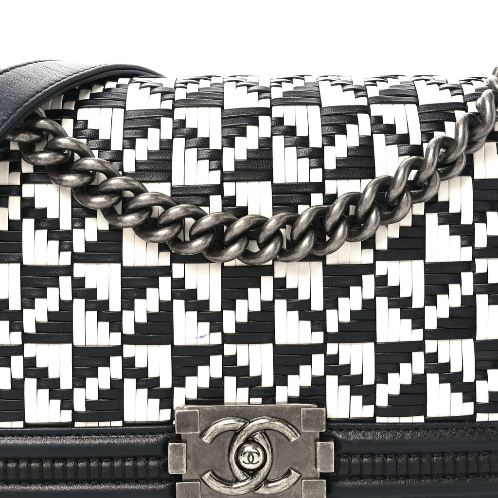 Calfskin Woven Medium Boy Flap Black White
