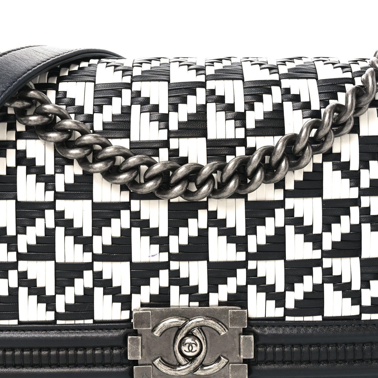 Calfskin Woven Medium Boy Flap Black White