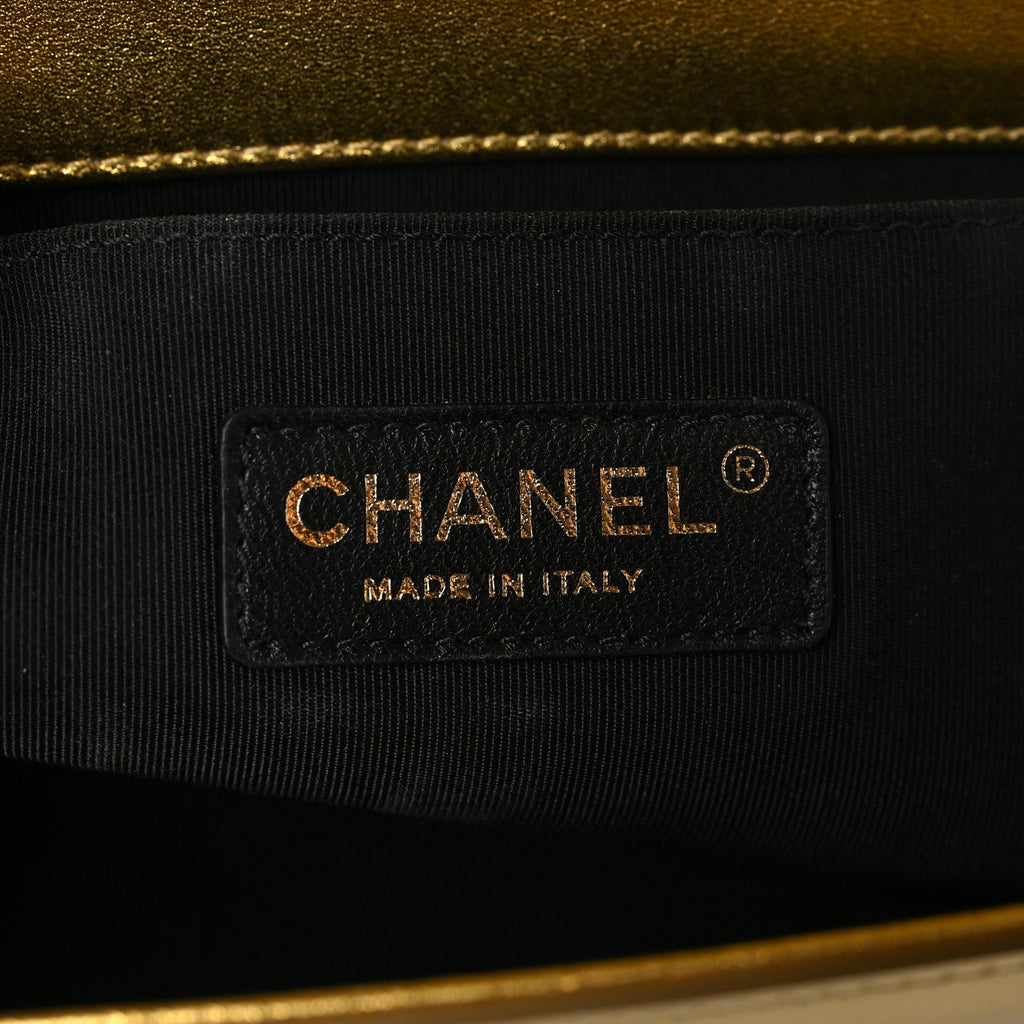 Metallic Patent Calfskin Quilted Medium Boy Flap Gold