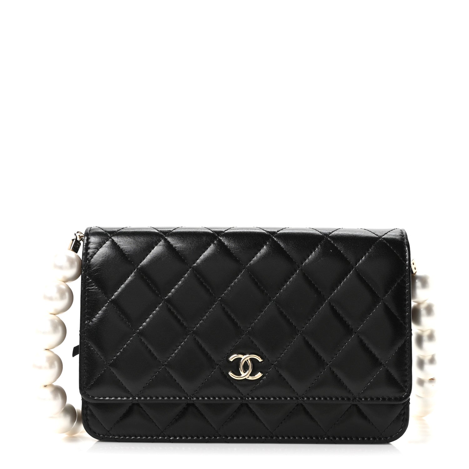 Calfskin Quilted Maxi Pearl Wallet On Chain WOC Black