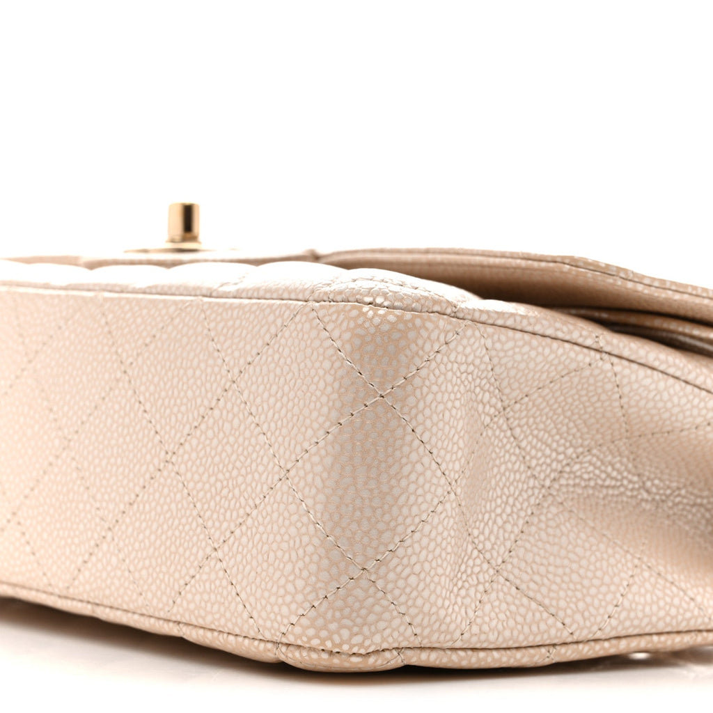Pearly Caviar Quilted Medium Double Flap Light Beige