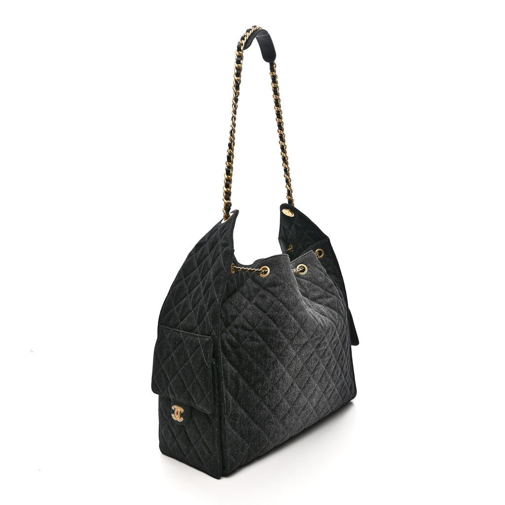 Washed Denim Quilted Large Chanel 25 Handbag Black