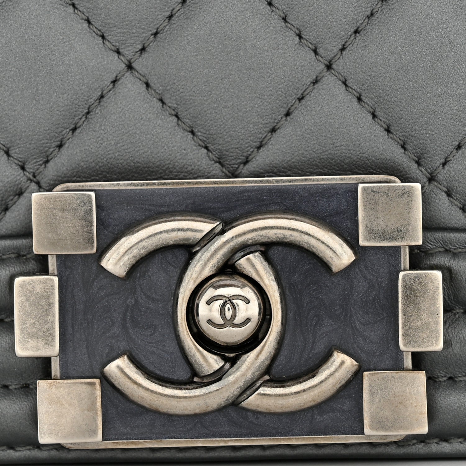 Metallic Calfskin Quilted Small Boy Flap Dark Silver