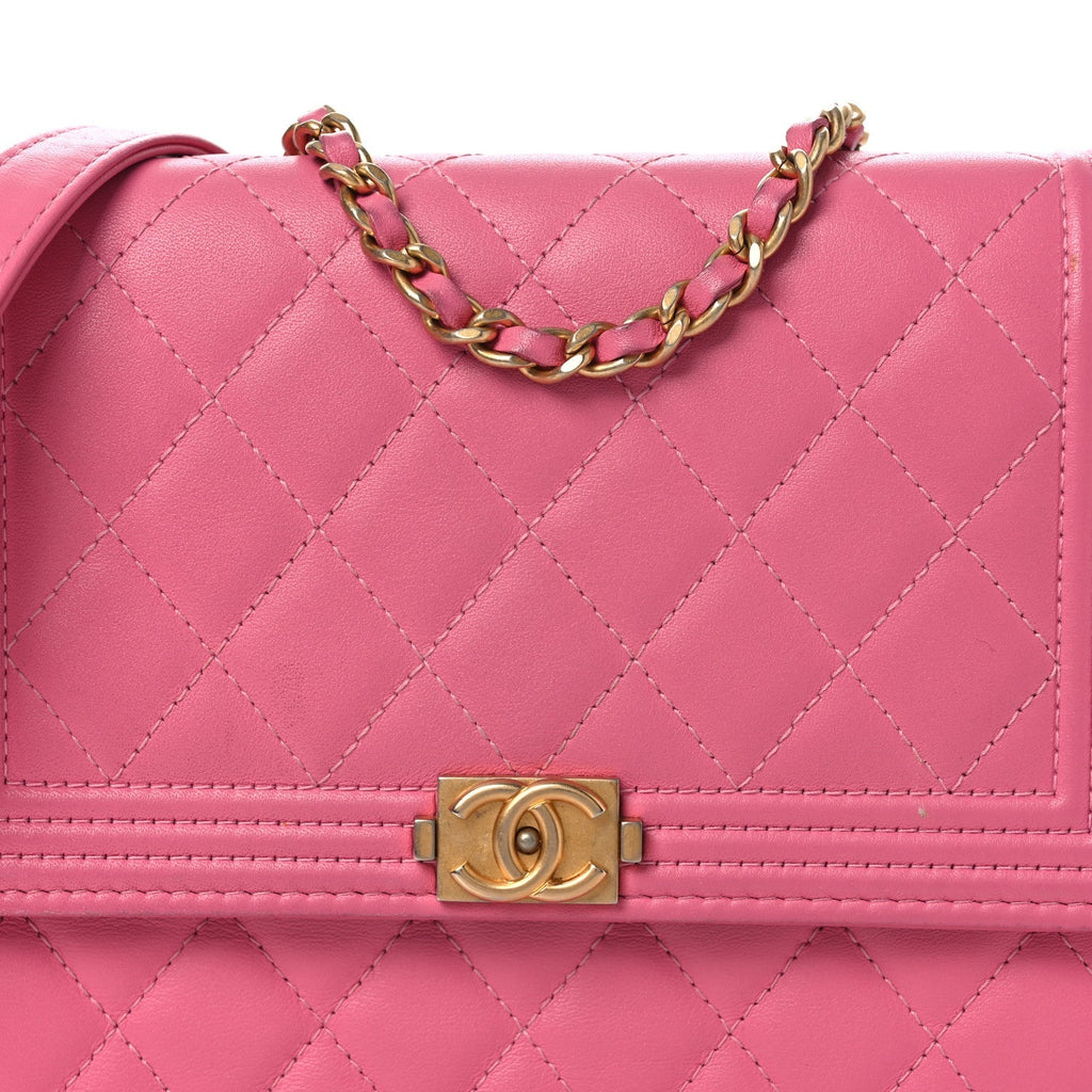 Lambskin Quilted Boy Square Wallet on Chain WOC Pink