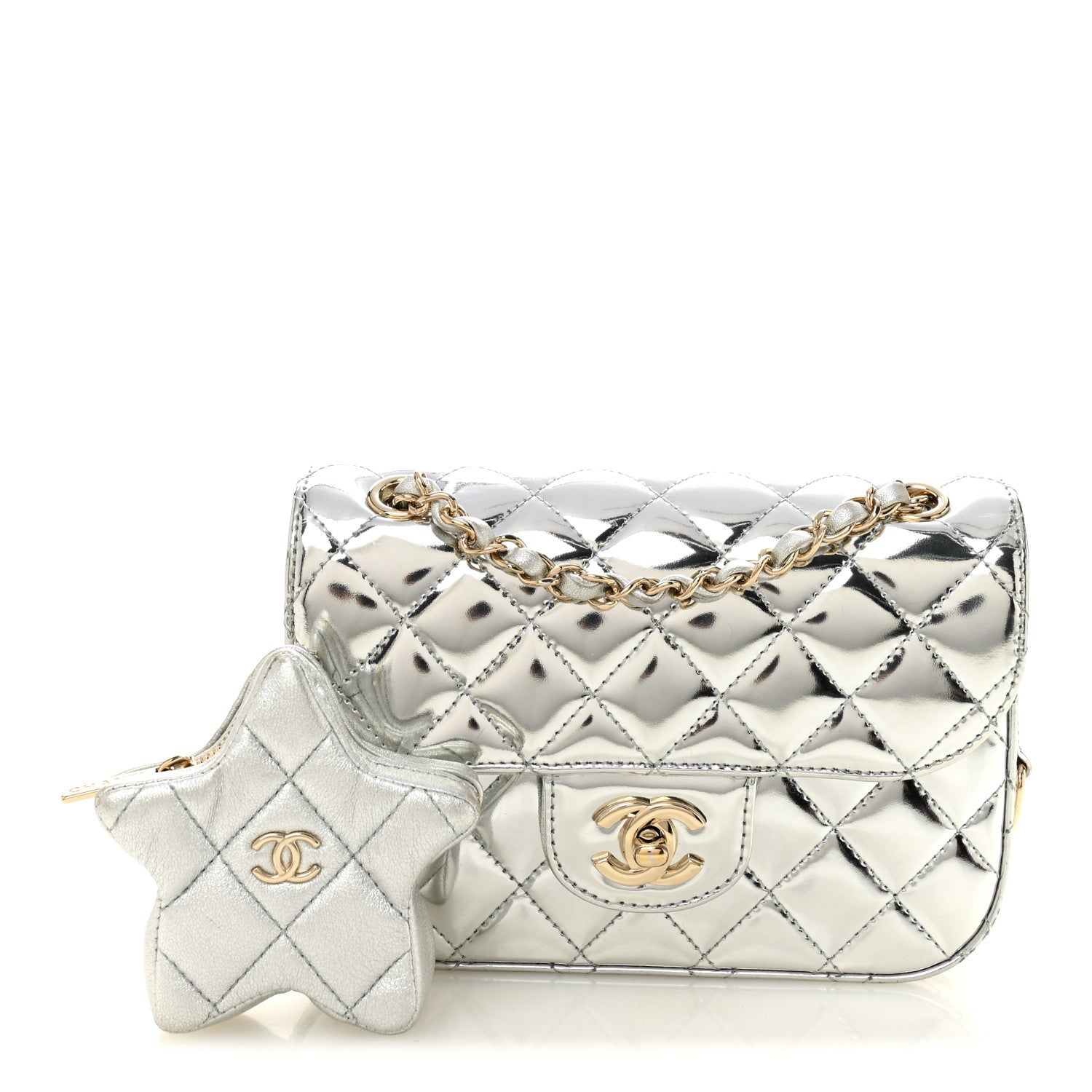 Mirror Calfskin Metallic Calfskin Quilted Hollywood Boulevard Mini Flap With Star Coin Purse Silver