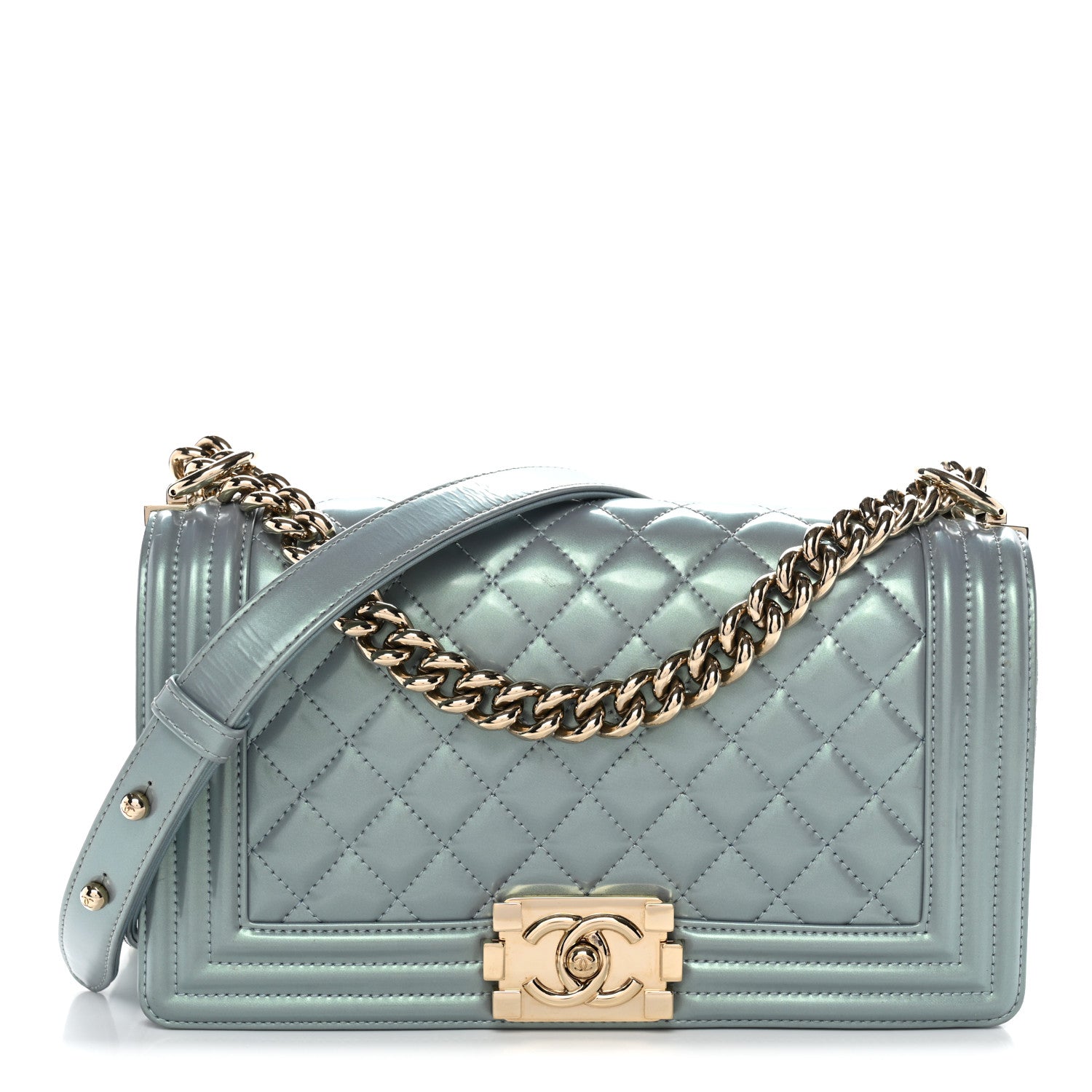 Iridescent Patent Calfskin Quilted Medium Boy Flap Light Blue