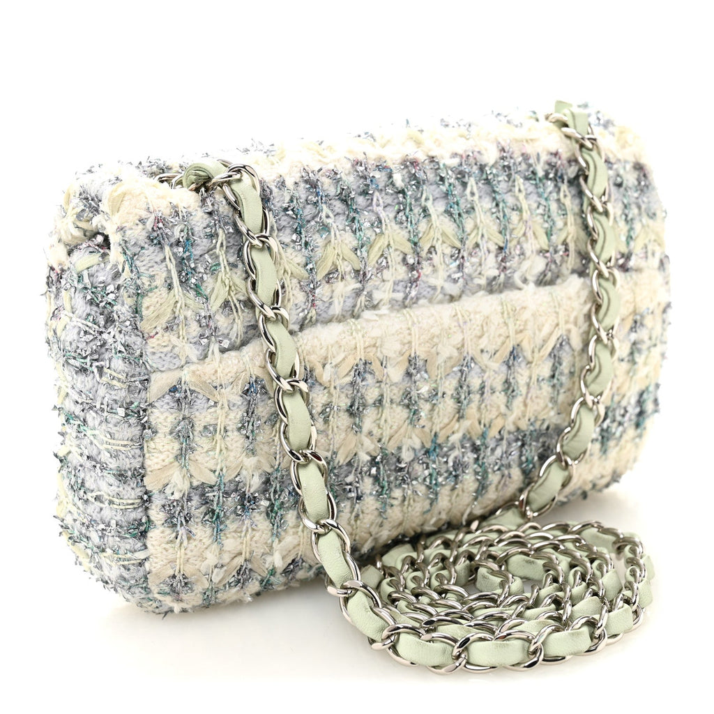 Tweed Quilted Mini Rectangular Flap Light Green Silver White
