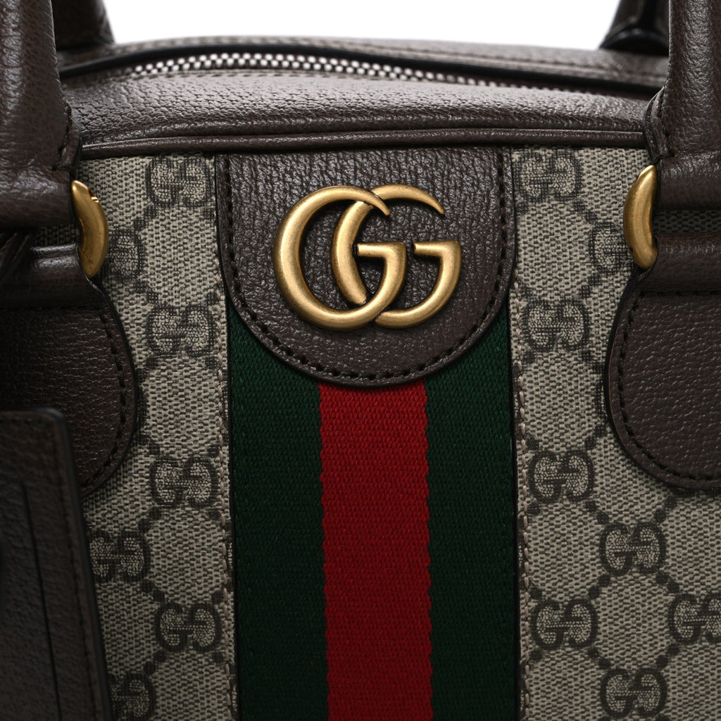 GG Supreme Monogram Textured Dollar Calfskin Web Medium Savoy Bowling Bag Beige Ebony New Acero