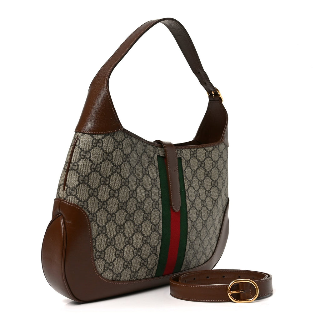 GG Supreme Monogram Azalea Calfskin Web Medium Jackie 1961 Hobo Beige Ebony Brown Sugar
