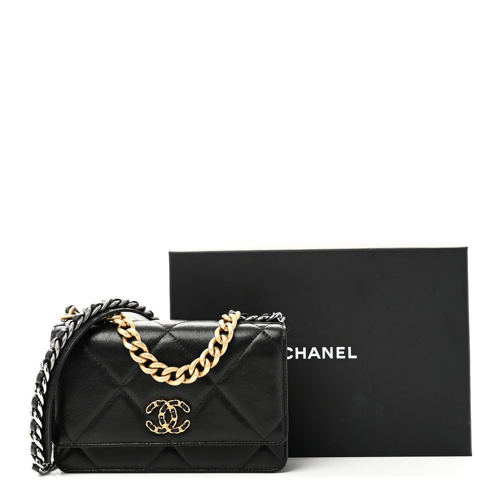 Lambskin Quilted Chanel 19 Wallet On Chain WOC Black