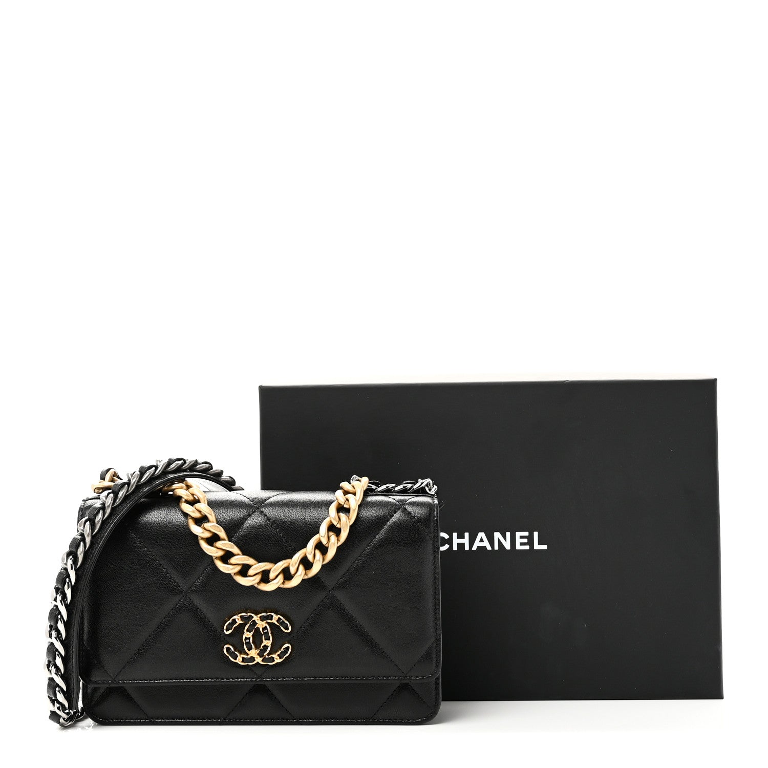 Lambskin Quilted Chanel 19 Wallet On Chain WOC Black