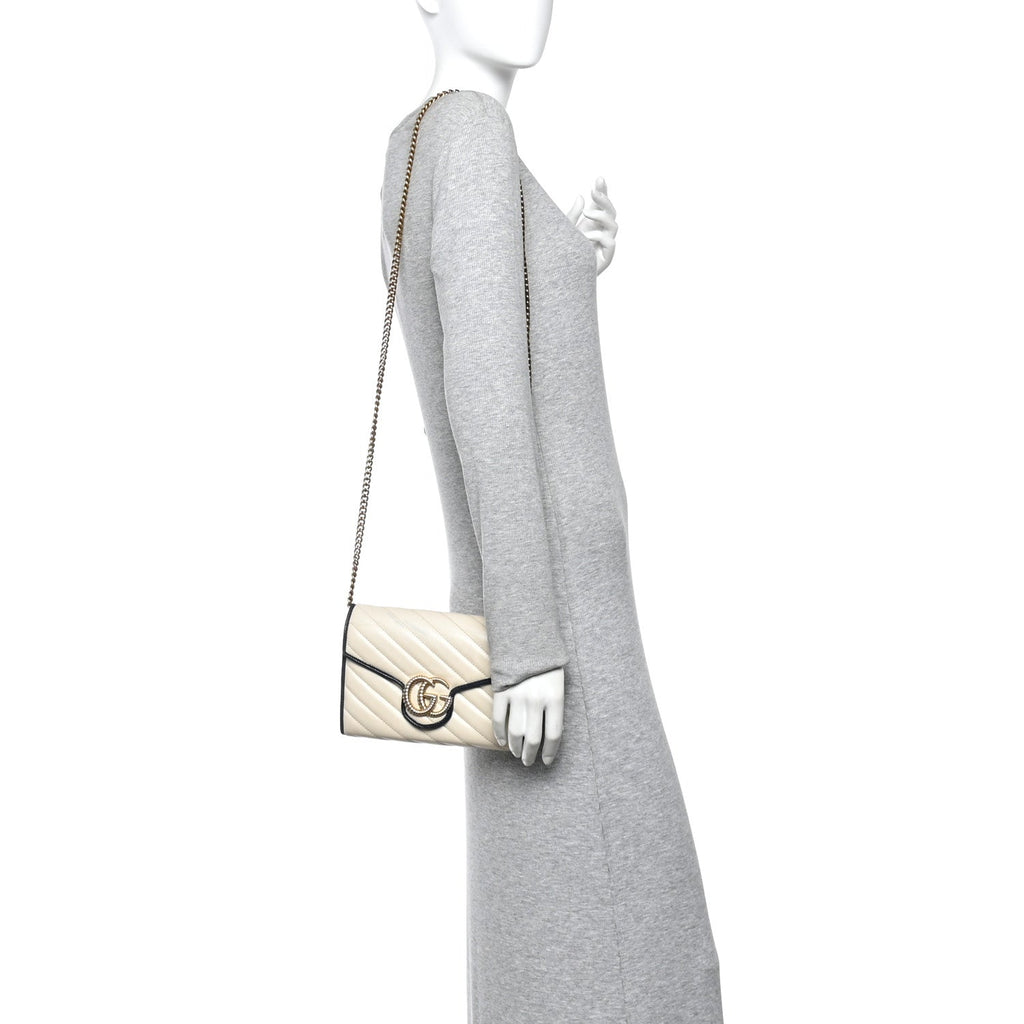 Vintage Effect Calfskin Matelasse Diagonal Torchon GG Marmont Chain Wallet Mystic White Blue Agata