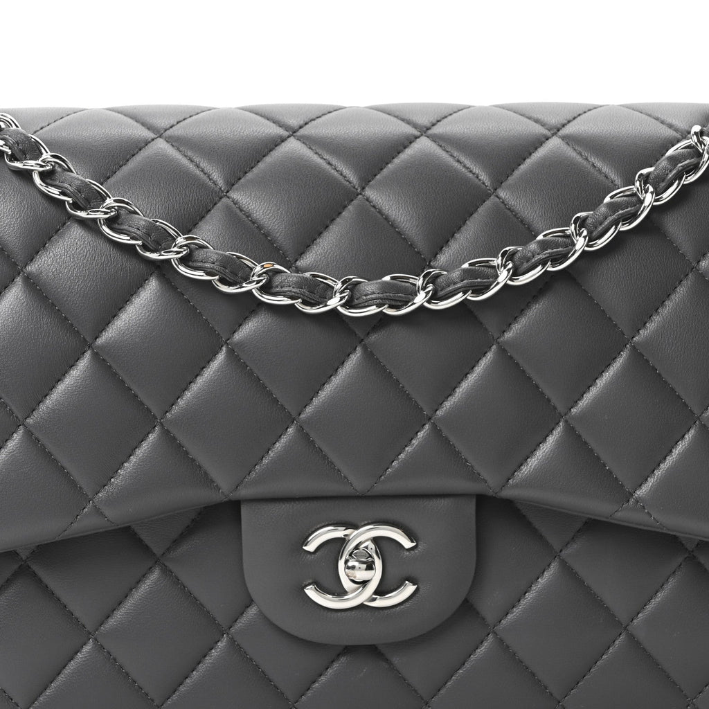 Lambskin Quilted Jumbo Double Flap Dark Grey