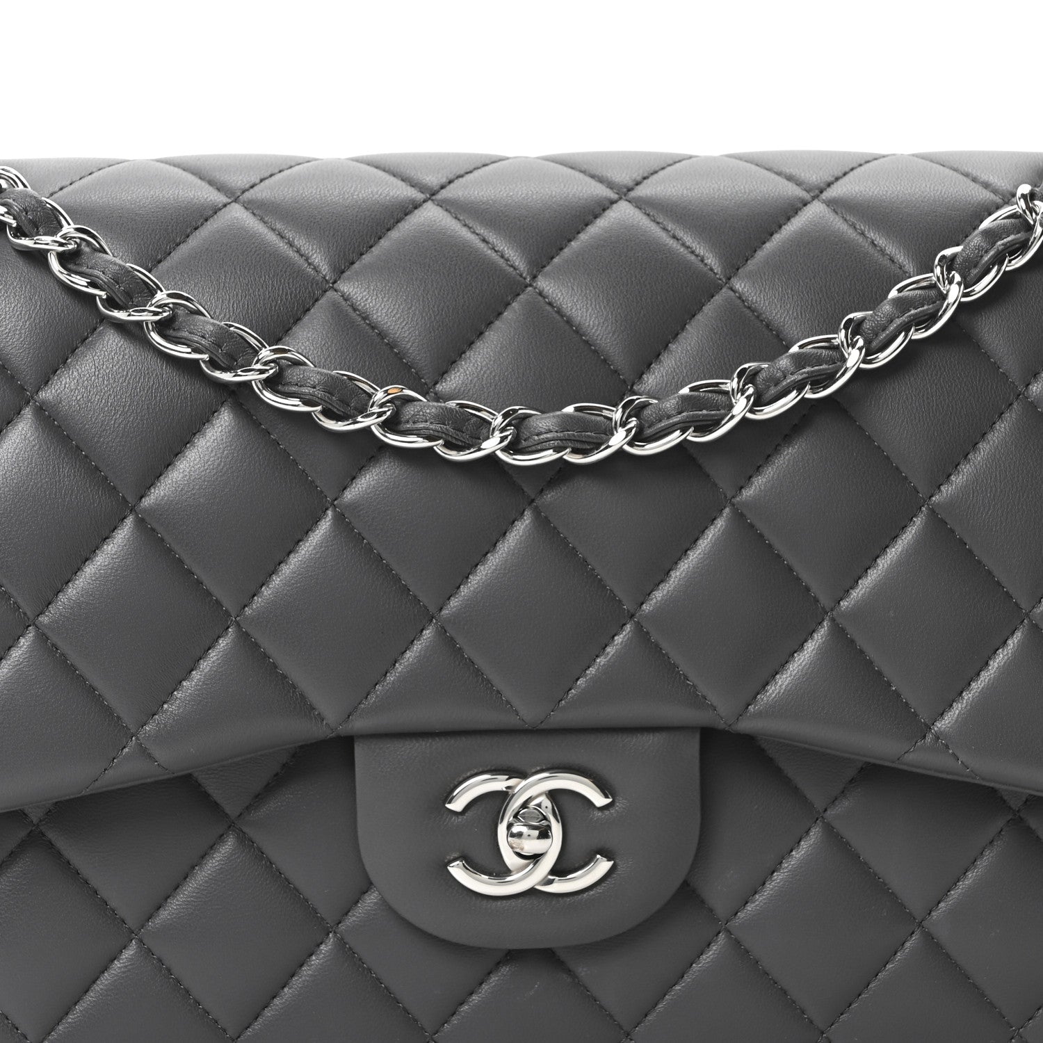 Lambskin Quilted Jumbo Double Flap Dark Grey