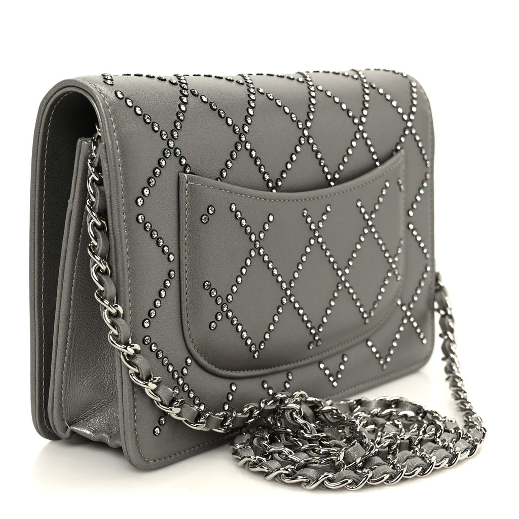 Lambskin Crystal Quilted Wallet On Chain WOC Grey