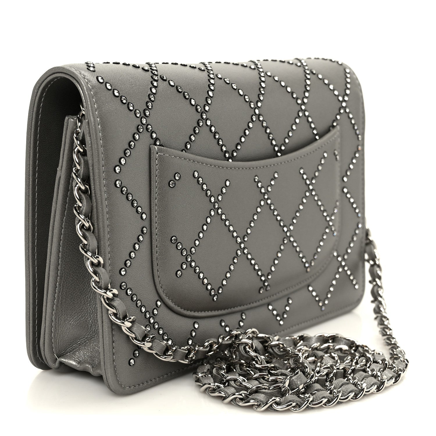 Lambskin Crystal Quilted Wallet On Chain WOC Grey