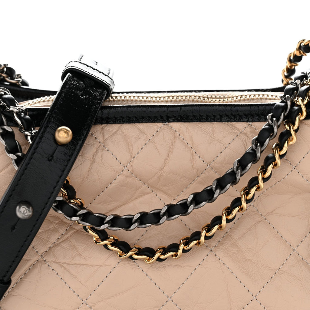 Aged Calfskin Quilted Small Gabrielle Hobo Beige Black