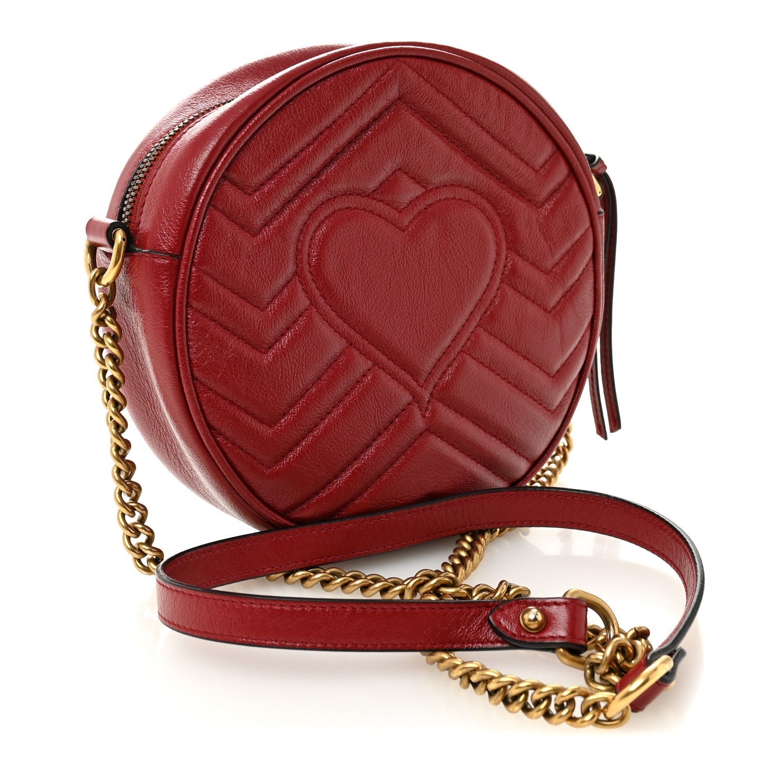 Glazed Calfskin Matelasse Heart Mini GG Marmont Round Shoulder Bag Romantic Cerise