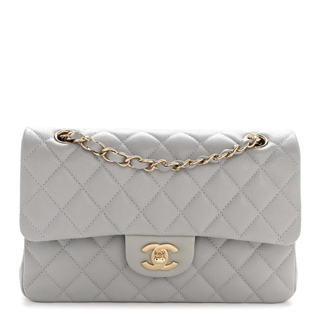 Caviar Quilted Small Double Flap Grey