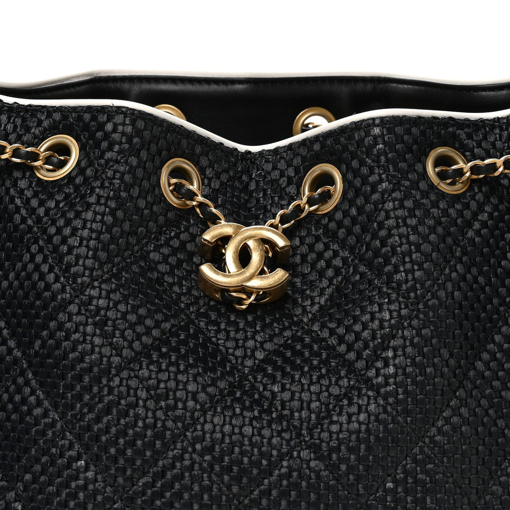 Braided Raffia Calfskin Small Chanel 25 Handbag Black White