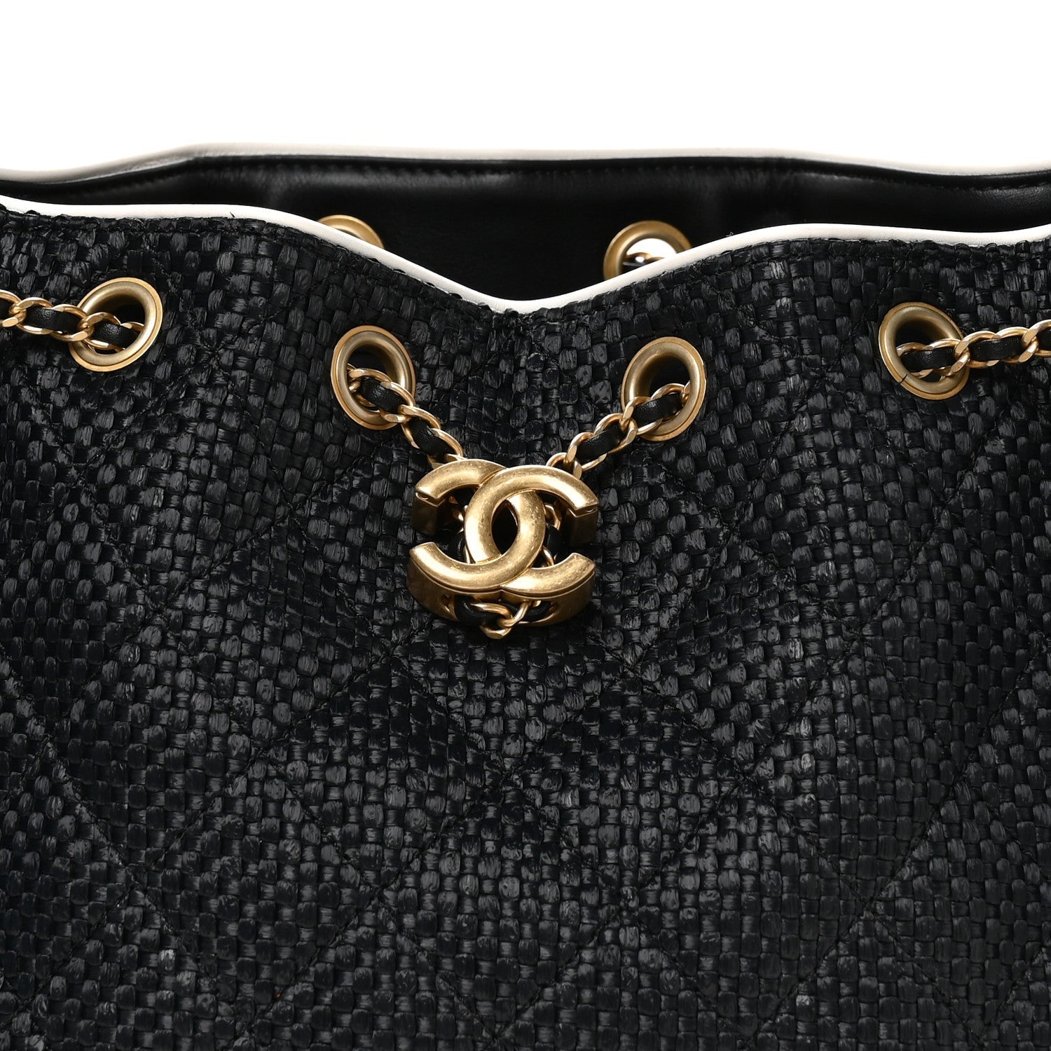 Braided Raffia Calfskin Small Chanel 25 Handbag Black White