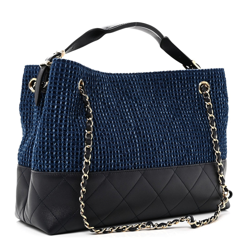 Tweed Shiny Lambskin Quilted Coco Base Small Shopping Bag Dark Blue