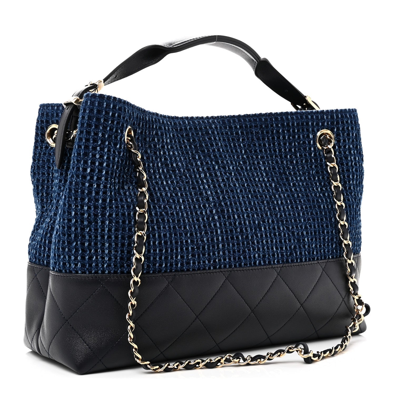 Tweed Shiny Lambskin Quilted Coco Base Small Shopping Bag Dark Blue