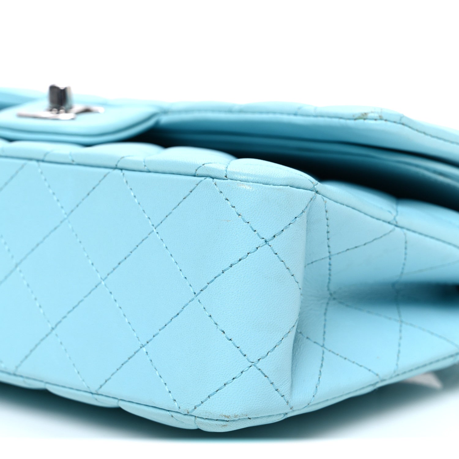 Lambskin Quilted Medium Double Flap Light Blue