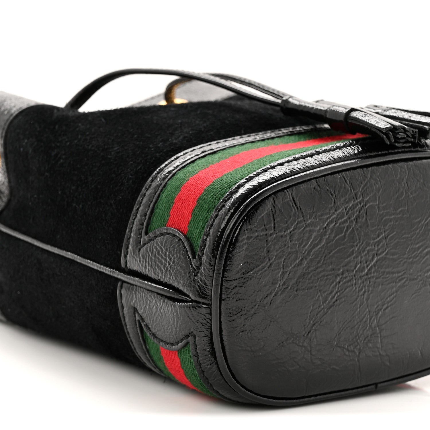 Suede Patent Web Mini Ophidia Bucket Bag Black