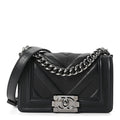 Calfskin Perforated Chevron Quilted Small Boy Flap Black