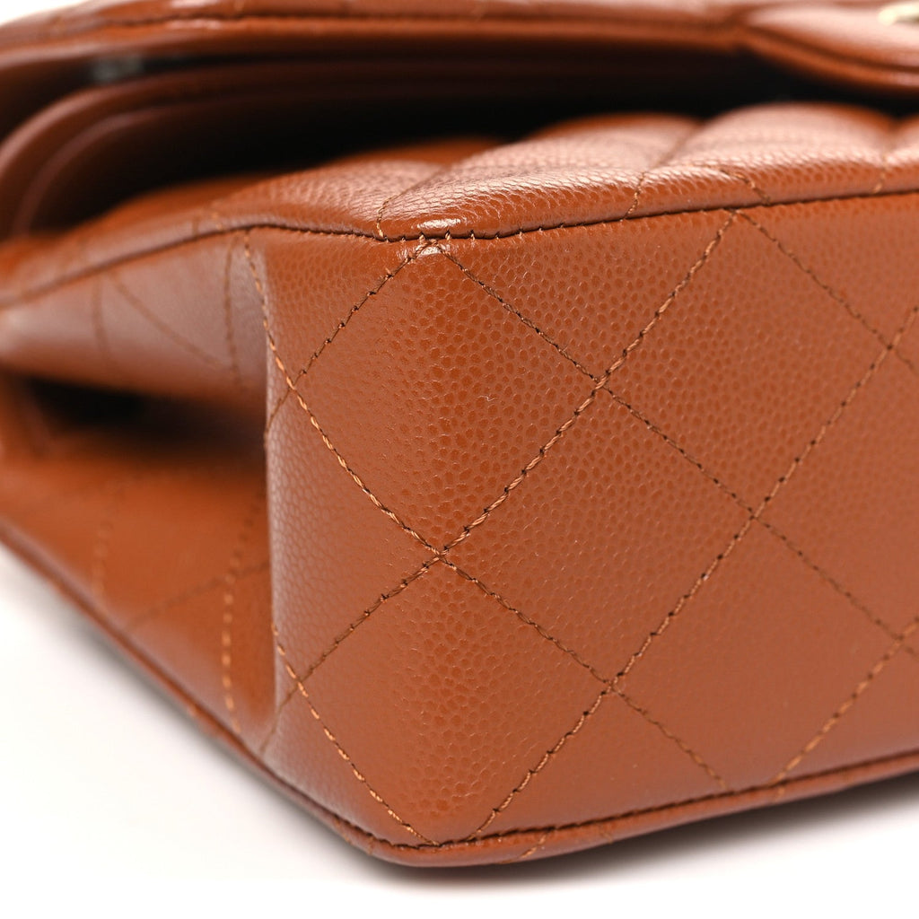 Caviar Quilted Small Double Flap Light Brown