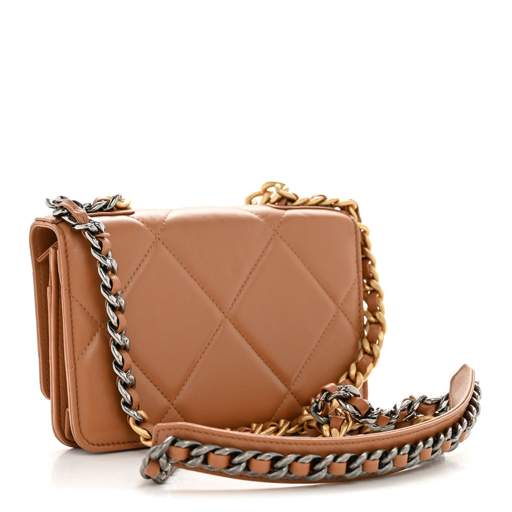 Lambskin Quilted Chanel 19 Wallet On Chain WOC Brown
