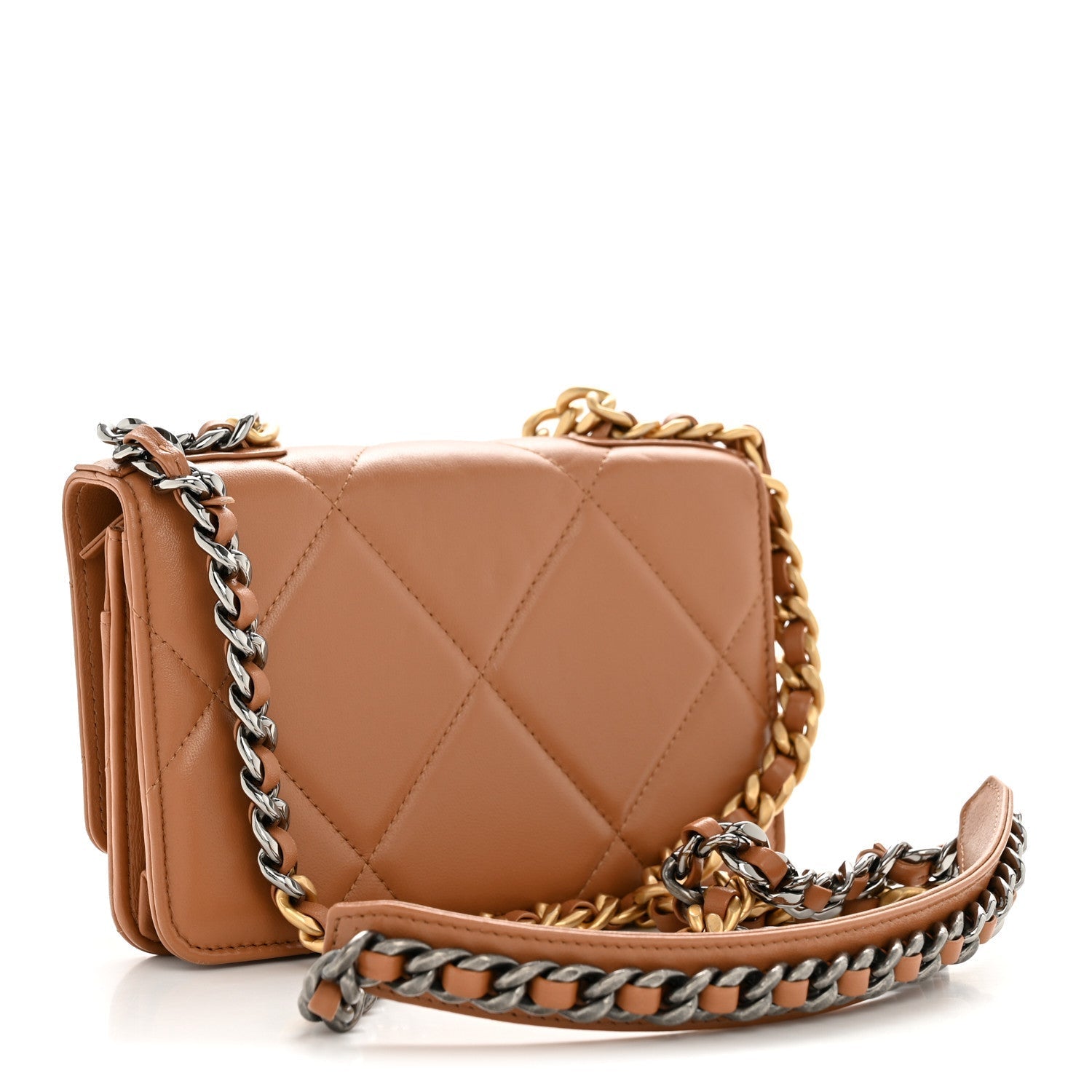 Lambskin Quilted Chanel 19 Wallet On Chain WOC Brown