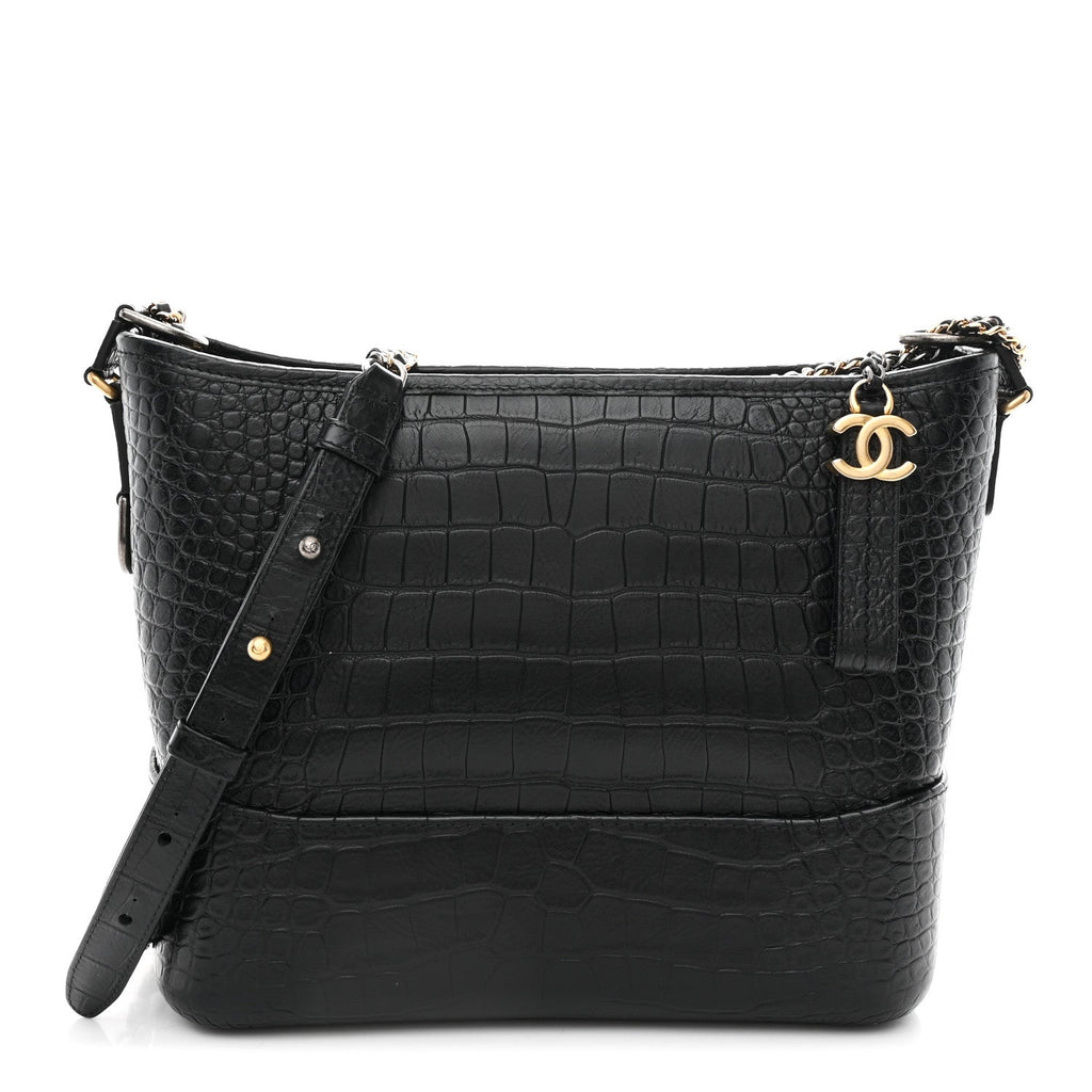 Crocodile Embossed Calfskin Medium Gabrielle Cocodile Hobo Black