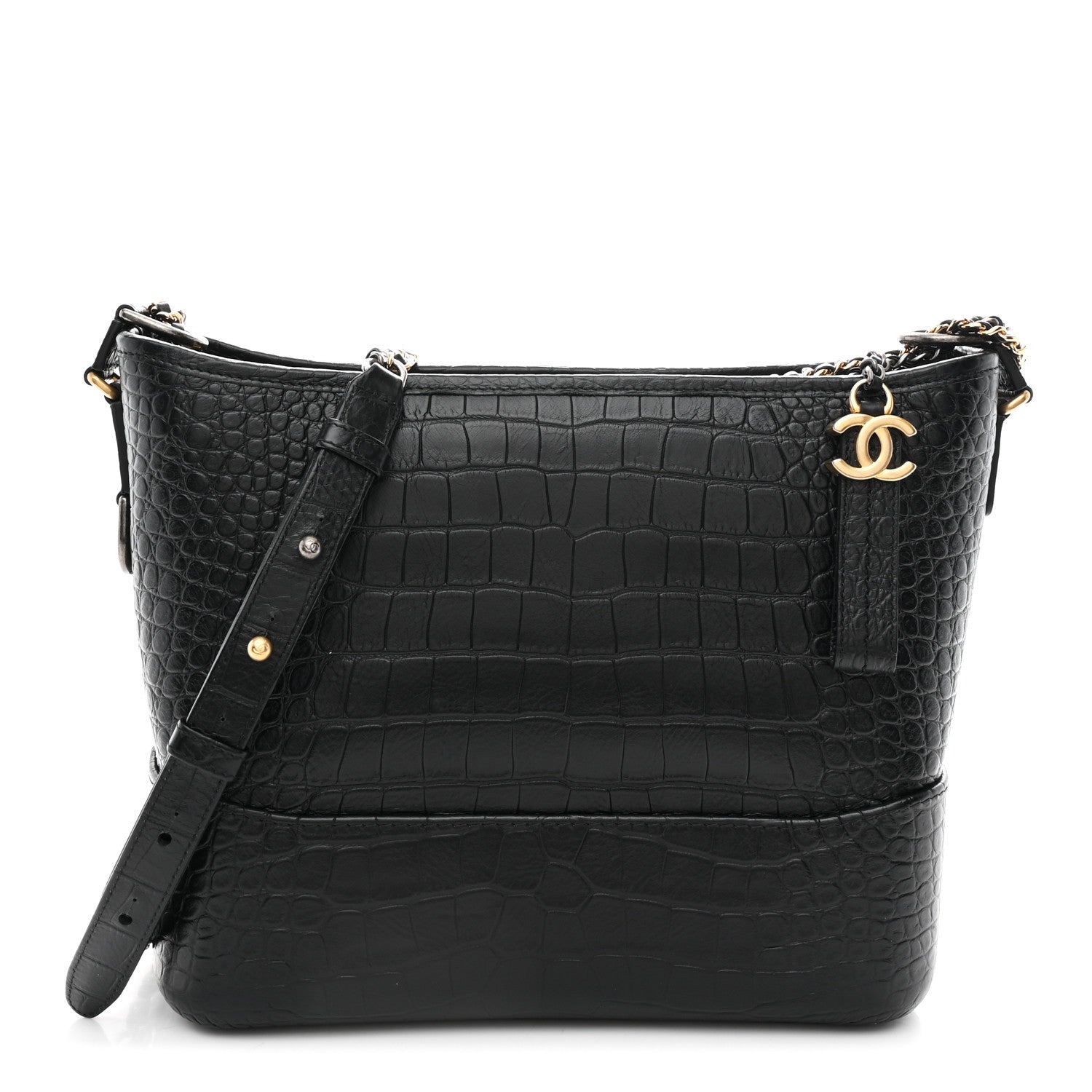 Crocodile Embossed Calfskin Medium Gabrielle Cocodile Hobo Black