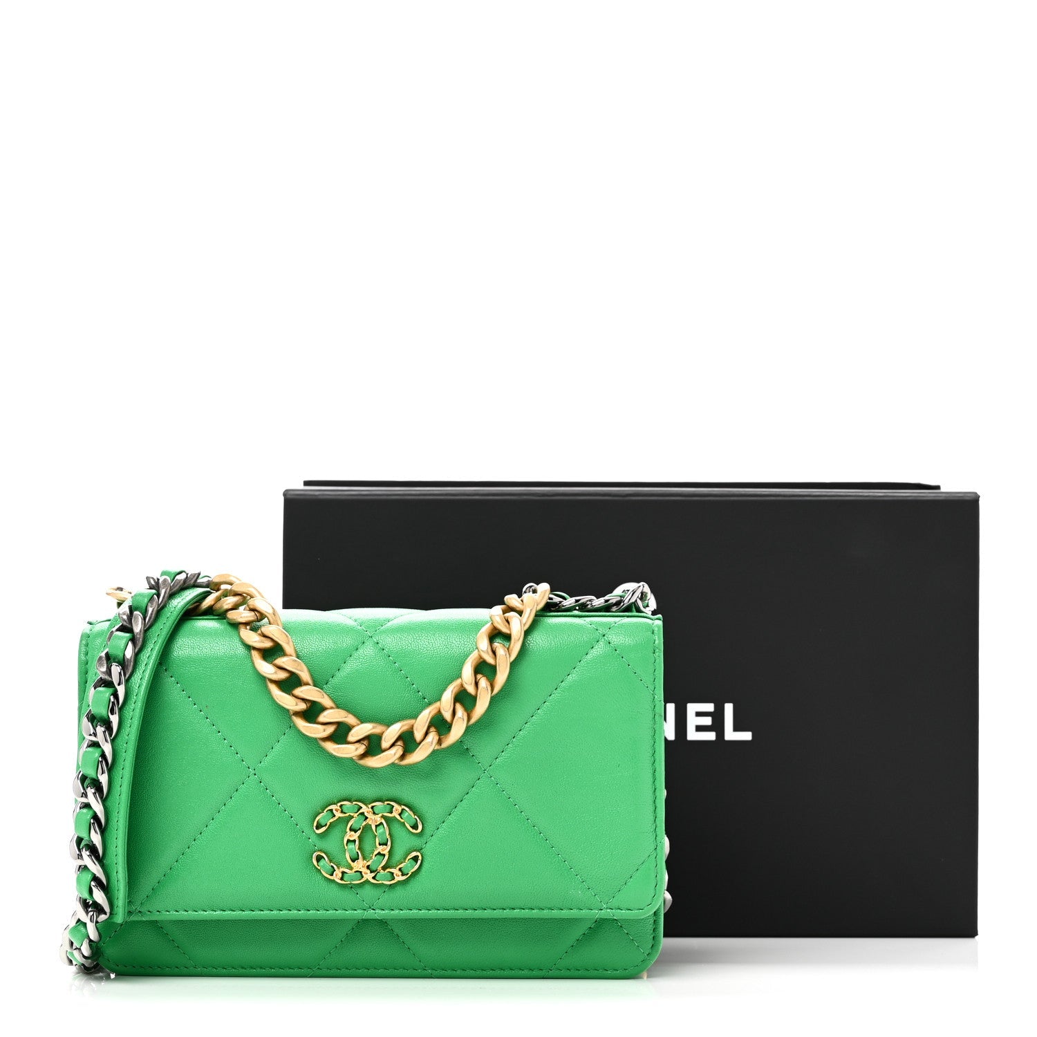 Shiny Goatskin Quilted Chanel 19 Wallet On Chain WOC Green