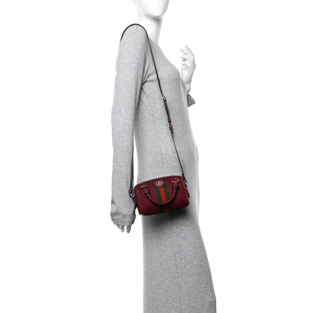 GG Supreme Monogram Textured Dollar Calfskin Web Super Mini Ophidia Top Handle Bowler Bag Rosso Ancora