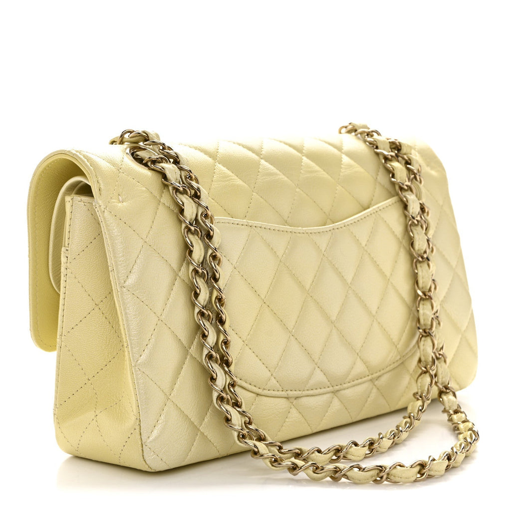 Cloudy Pearly Goatskin Quilted Medium Double Flap Light Yellow