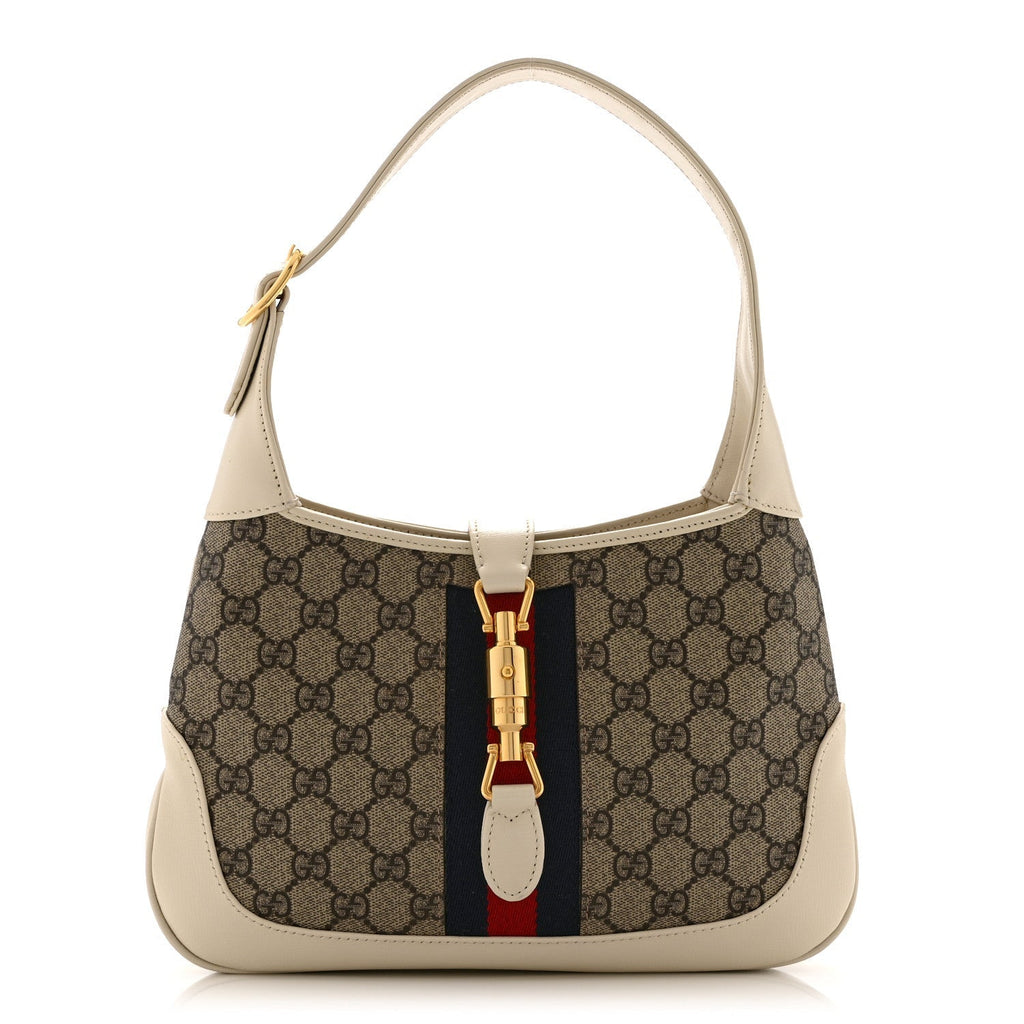 GG Supreme Monogram Azalea Calfskin Web Small Jackie 1961 Hobo Beige Ebony Mystic White