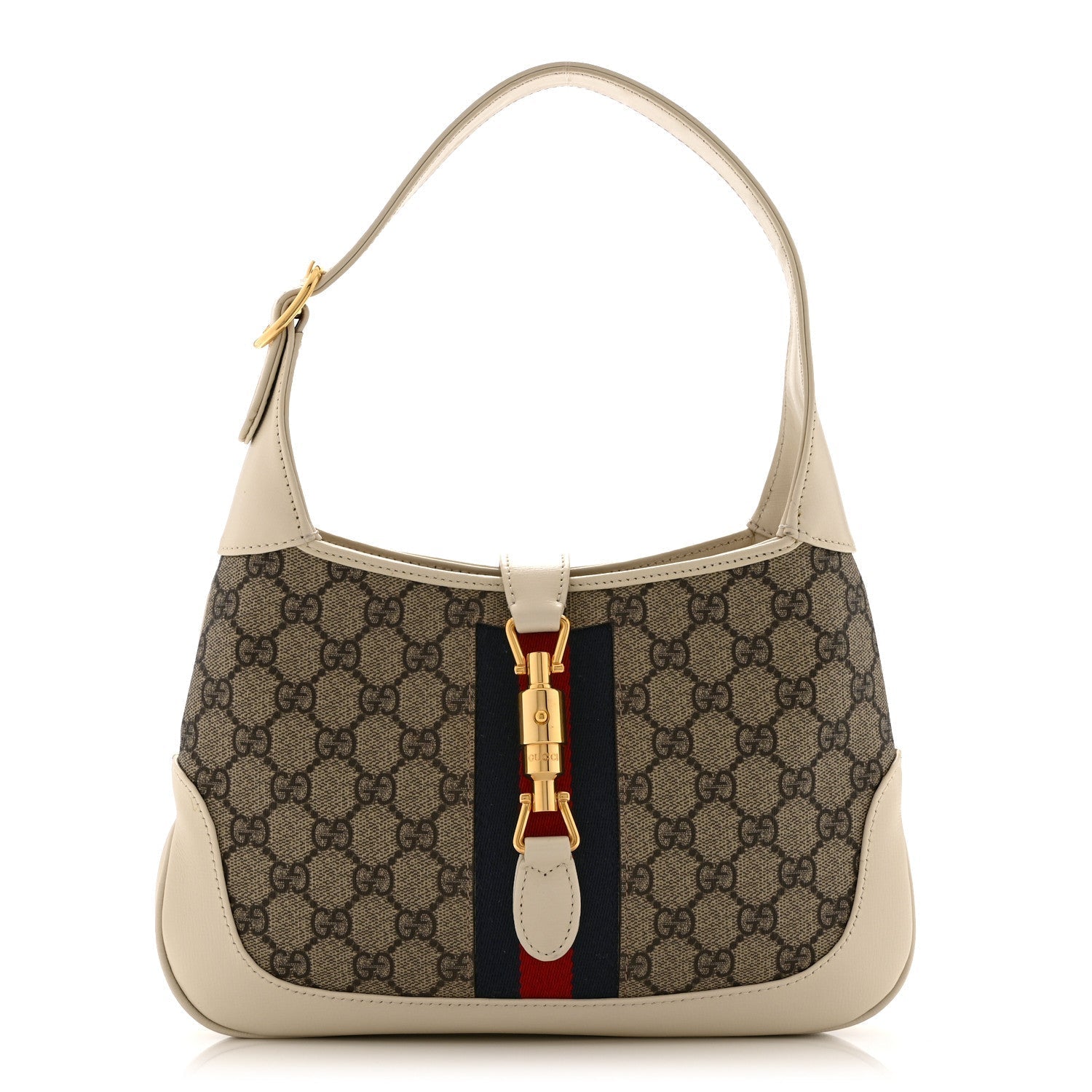 GG Supreme Monogram Azalea Calfskin Web Small Jackie 1961 Hobo Beige Ebony Mystic White