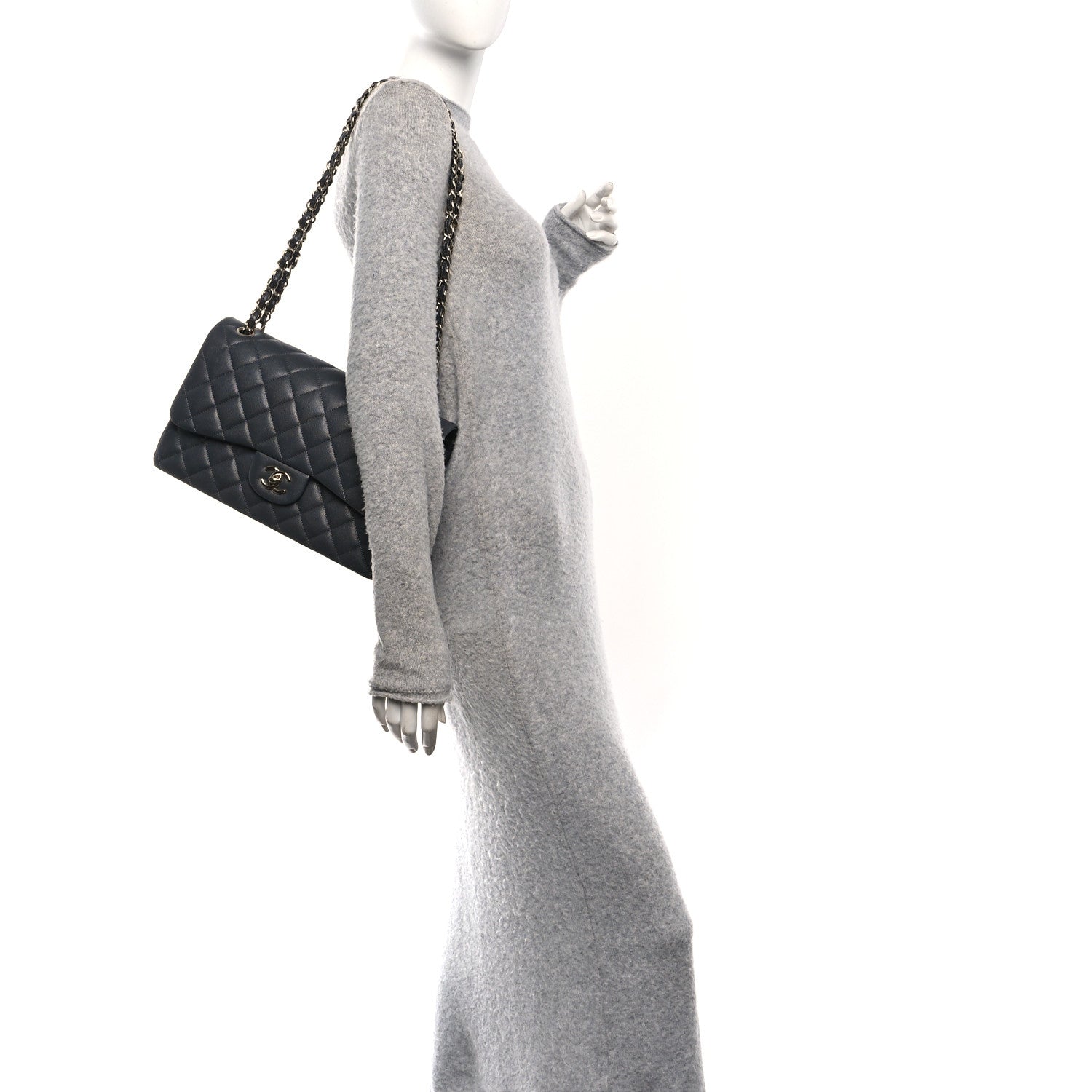 Caviar Quilted Jumbo Double Flap Dark Grey
